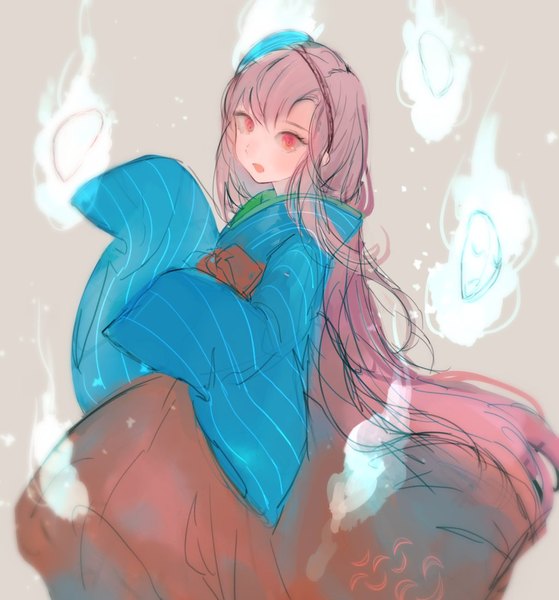 Anime picture 1024x1100 with touhou hata no kokoro viridiflora single tall image looking at viewer blush fringe open mouth pink hair long sleeves very long hair traditional clothes japanese clothes pink eyes grey background wide sleeves glowing mask on head sketch