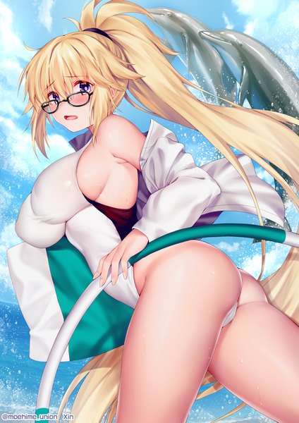 Anime picture 900x1273 with fate (series) fate/grand order jeanne d'arc (fate) (all) jeanne d'arc (swimsuit archer) obiwan single tall image looking at viewer blush fringe breasts open mouth light erotic hair between eyes large breasts purple eyes signed payot ass ponytail