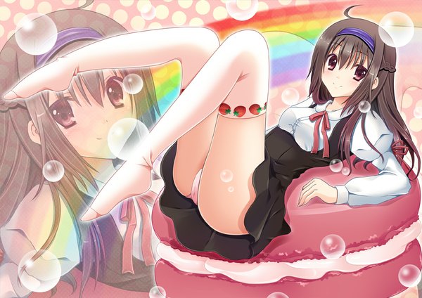 Anime picture 1000x707 with original yanase aki long hair blush light erotic black hair smile red eyes pantyshot zoom layer girl thighhighs dress white thighhighs hairband bubble (bubbles)
