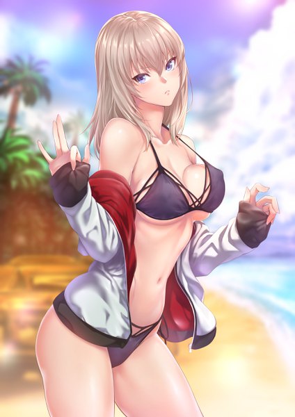 Anime picture 1768x2500 with girls und panzer itsumi erika zucchini single long hair tall image looking at viewer blush fringe highres breasts blue eyes light erotic hair between eyes standing bare shoulders sky cleavage silver hair cloud (clouds)