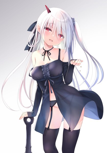 Anime picture 1280x1838 with original na-ga single long hair tall image looking at viewer blush fringe breasts light erotic simple background hair between eyes red eyes large breasts bare shoulders cleavage white hair long sleeves horn (horns) embarrassed