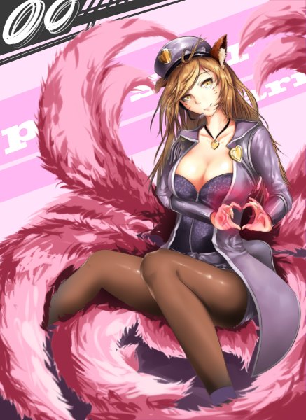 Anime picture 3500x4800 with league of legends ahri (league of legends) popstar ahri (league of legends) bbayu single long hair tall image looking at viewer highres blonde hair smile sitting animal ears yellow eyes absurdres cleavage tail facial mark fox girl multiple tails