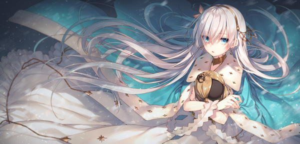 Anime picture 1519x730 with fate (series) fate/grand order anastasia (fate) viy (fate) toosaka asagi single blush fringe open mouth blue eyes wide image holding silver hair very long hair parted lips fingernails hair over one eye floating hair girl dress