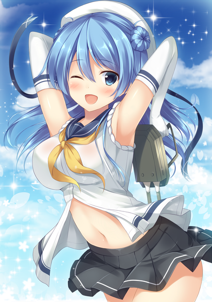 Anime picture 719x1025 with kantai collection urakaze destroyer tomoo (tomo) single long hair tall image blush open mouth blue eyes blue hair one eye closed wink girl skirt gloves navel weapon elbow gloves white gloves sailor suit
