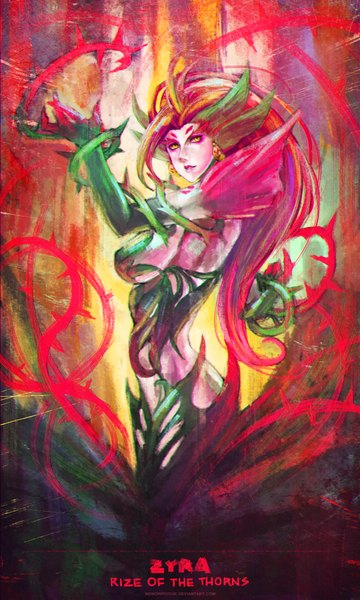 Anime picture 2480x4134 with league of legends zyra (league of legends) monori rogue single long hair tall image highres breasts light erotic yellow eyes looking away red hair lips girl earrings