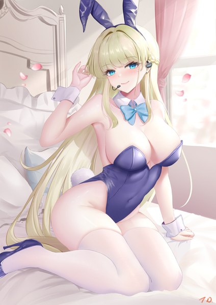 Anime picture 1395x1975 with blue archive toki (blue archive) toki (bunny) (blue archive) nanoda002 (saber427) single long hair tall image looking at viewer blush fringe breasts blue eyes light erotic blonde hair smile sitting bare shoulders signed animal ears indoors
