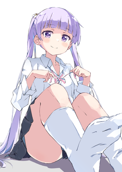 Anime picture 1756x2479 with new game! doga kobo suzukaze aoba rauto single long hair tall image looking at viewer blush fringe highres light erotic simple background smile white background purple eyes twintails purple hair blunt bangs no shoes