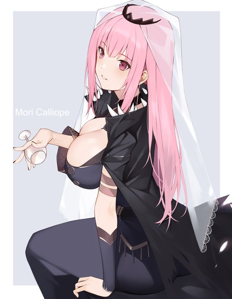Anime picture 3500x4500 with virtual youtuber hololive hololive english mori calliope mori calliope (1st costume) yykuaixian single long hair tall image blush fringe highres breasts light erotic simple background large breasts holding payot looking away pink hair