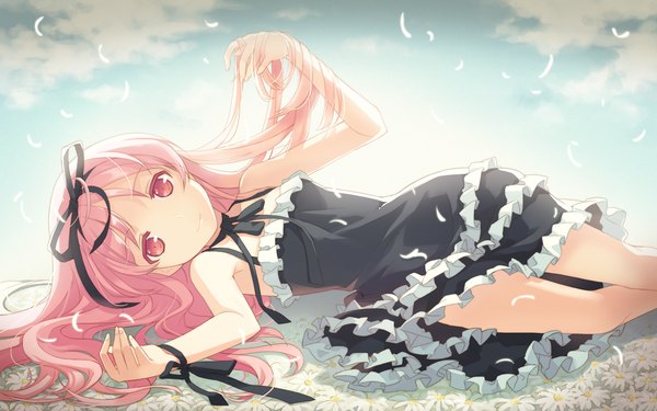 Anime picture 1920x1200 with garden (galge) cuffs (studio) himemiya ruri h2so4 single long hair looking at viewer highres smile wide image bare shoulders pink hair sky cloud (clouds) lying pink eyes wallpaper turning head on side girl