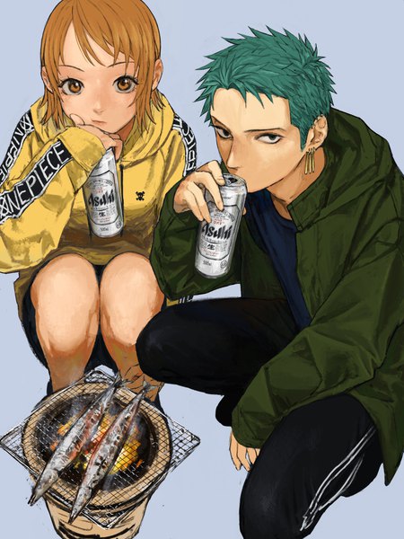 Anime picture 2048x2732 with one piece toei animation asahi (company) asahi (beer) nami (one piece) roronoa zoro 4myaku1 tall image highres short hair simple background green hair from above orange hair open jacket orange eyes alternate costume piercing ear piercing blue background