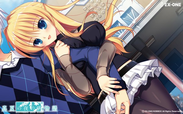 Anime picture 1920x1200 with manatsu no yoru no yuki monogatari kagamatsuri koromo mikeou long hair blush highres blue eyes blonde hair wide image inscription girl skirt miniskirt