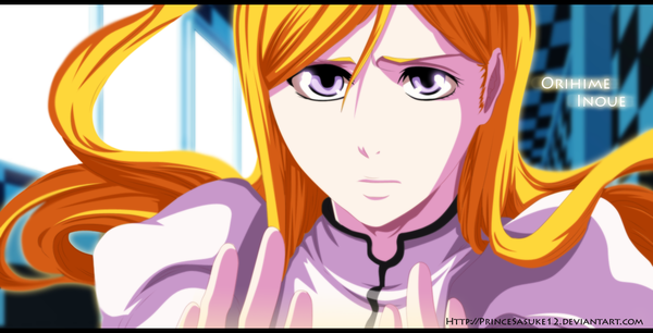 Anime picture 1250x639 with bleach studio pierrot inoue orihime akira-12 single long hair wide image pink eyes orange hair inscription coloring portrait light face girl window