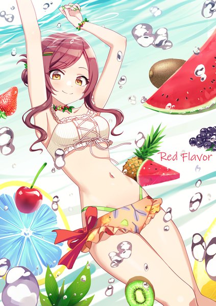 Anime picture 1410x2000 with idolmaster idolmaster shiny colors oosaki amana deadnooodles single long hair tall image looking at viewer smile yellow eyes payot red hair arms up hair bun (hair buns) underwater girl navel swimsuit bikini food