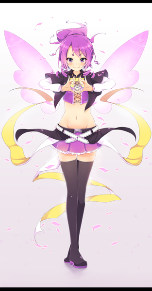Anime picture 1254x2400 with original dennryuurai single tall image blush short hair smile white background purple eyes purple hair midriff insect wings butterfly wings girl thighhighs skirt navel black thighhighs miniskirt wings