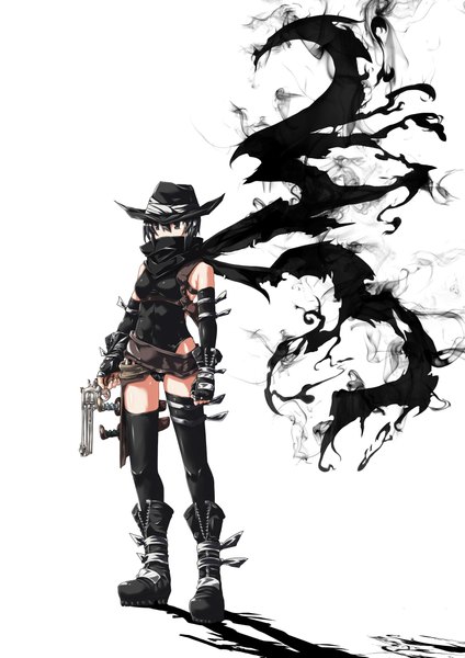 Anime picture 1653x2337 with original kaho single tall image short hair light erotic black hair simple background white background looking away black eyes shadow girl thighhighs gloves weapon black thighhighs hat boots scarf
