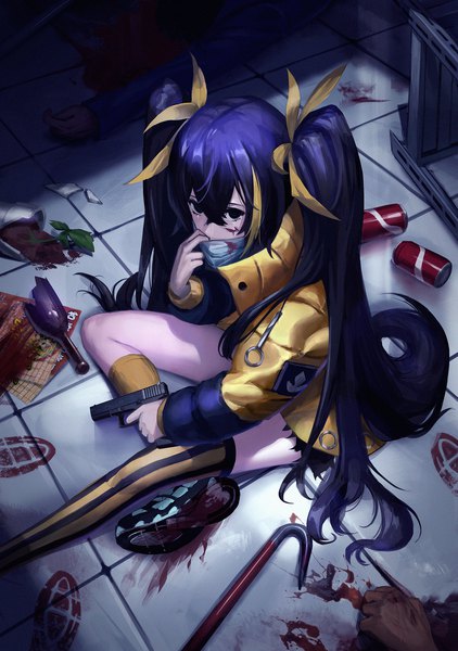 Anime picture 1350x1920 with original aya (lezon) long hair tall image looking at viewer fringe hair between eyes sitting twintails holding payot blue hair multicolored hair from above black eyes two-tone hair solo focus soles head out of frame floor