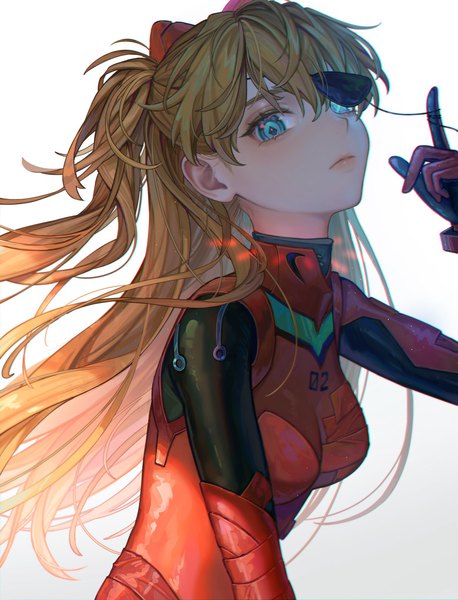 Anime picture 1562x2048 with neon genesis evangelion rebuild of evangelion gainax soryu asuka langley shikinami asuka langley tamaki599 single long hair tall image looking at viewer blue eyes simple background white background upper body orange hair two side up girl bodysuit eyepatch pilot suit