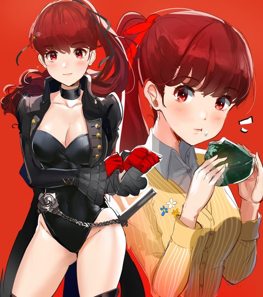 Anime picture 1991x2240 with persona 5 persona persona 5 the royal yoshizawa kasumi ormille long hair tall image looking at viewer blush fringe highres breasts light erotic simple background smile hair between eyes red eyes large breasts standing holding