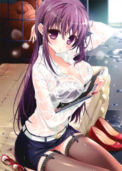 Anime picture 3715x5173 with original youta long hair tall image blush highres breasts light erotic large breasts purple eyes absurdres purple hair wet gym storeroom girl thighhighs skirt black thighhighs miniskirt water