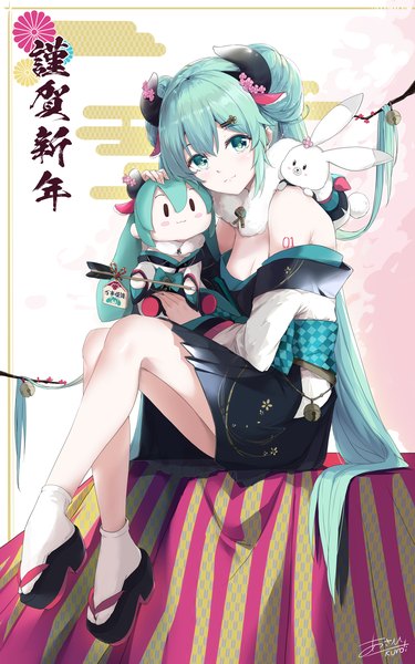 Anime picture 1275x2039 with vocaloid hatsune miku rabbit yukine asahi kuroi single tall image looking at viewer fringe light erotic hair between eyes sitting twintails cleavage full body very long hair traditional clothes japanese clothes horn (horns) aqua eyes aqua hair