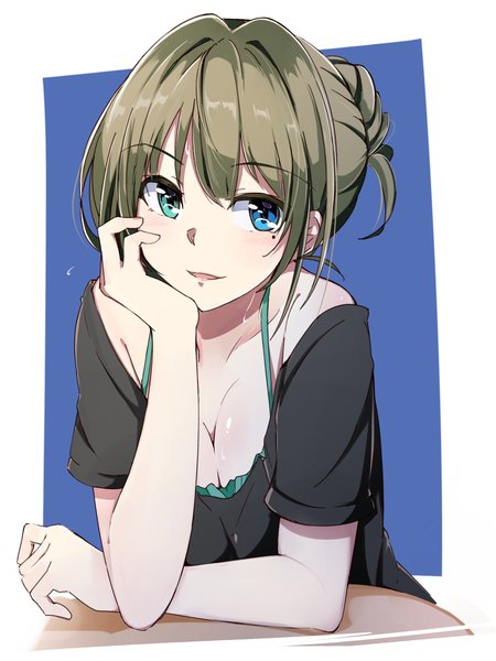 Anime picture 1200x1600 with idolmaster idolmaster cinderella girls takagaki kaede kazenoko single tall image blush fringe short hair breasts open mouth blue eyes light erotic simple background brown hair large breasts bare shoulders green eyes looking away cleavage