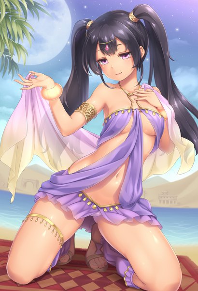 Anime picture 786x1148 with original sasaame long hair tall image breasts light erotic black hair purple eyes twintails traditional clothes midriff girl navel arabian clothes
