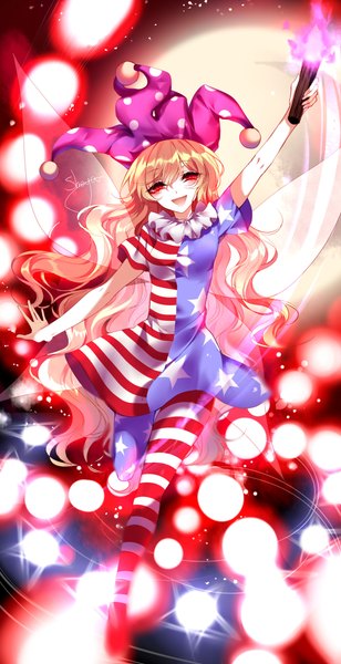 Anime picture 1900x3700 with touhou clownpiece sheya single tall image looking at viewer fringe highres open mouth blonde hair smile hair between eyes red eyes standing signed very long hair short sleeves standing on one leg asymmetrical legwear asymmetrical clothes