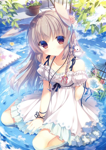 Anime picture 2334x3300 with original eshi 100-nin ten yukie (peach candy) single long hair tall image looking at viewer blush highres red eyes sitting bare shoulders animal ears braid (braids) from above grey hair scan bunny ears wariza side braid