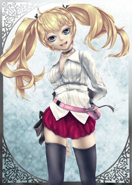 Anime picture 1285x1800 with original kamomen single long hair tall image looking at viewer open mouth blue eyes blonde hair zettai ryouiki girl thighhighs skirt black thighhighs pendant fanny pack