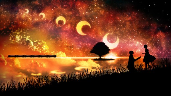 Anime picture 1200x675 with original vocaloid harada miyuki short hair wide image sky cloud (clouds) profile crescent silhouette girl dress boy plant (plants) tree (trees) moon star (stars) grass train