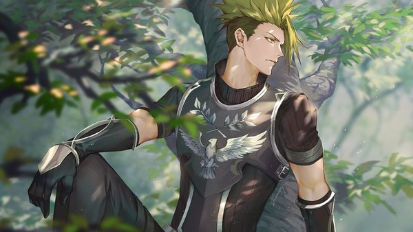 Anime picture 1800x1013 with fate (series) fate/grand order fate/apocrypha achilles (fate) darkavey single highres short hair wide image sitting looking away profile green hair turning head tree sitting boy plant (plants) tree (trees) armor breastplate