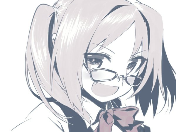 Anime picture 1000x750 with original blew andwhite single looking at viewer short hair open mouth white background ponytail teeth fang (fangs) side ponytail monochrome portrait close-up face girl glasses scrunchie hair tie