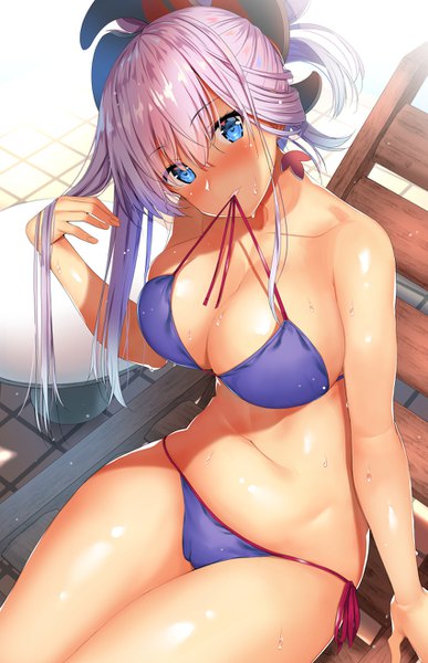 Anime picture 850x1316 with fate (series) fate/grand order miyamoto musashi (fate) body mahattaya ginga single long hair tall image looking at viewer blush fringe breasts blue eyes light erotic hair between eyes large breasts sitting bare shoulders holding pink hair cleavage