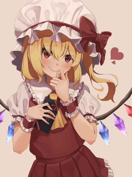 Anime picture 960x1280 with touhou flandre scarlet totoraisu single tall image blush fringe short hair simple background blonde hair hair between eyes red eyes puffy sleeves one side up valentine girl hat wings heart bonnet