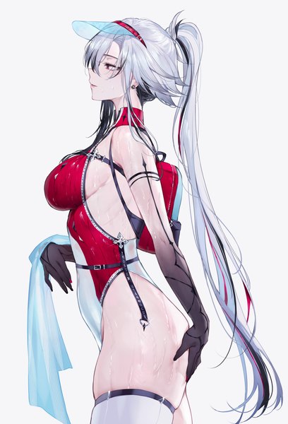 Anime picture 3716x5469 with genshin impact arlecchino (genshin impact) qiandaiyiyu single tall image blush fringe highres breasts light erotic simple background smile hair between eyes large breasts standing white background payot looking away absurdres silver hair