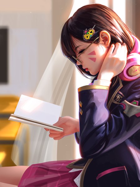 Anime picture 1875x2500 with overwatch blizzard entertainment d.va (overwatch) liang xing single long hair tall image fringe highres brown hair sitting holding indoors long sleeves profile lips realistic facial mark adjusting hair plaid skirt