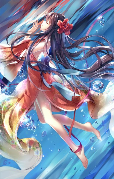 Anime picture 700x1101 with original bison cangshu single long hair tall image black hair eyes closed barefoot hair flower legs girl hair ornament flower (flowers) ribbon (ribbons) detached sleeves bubble (bubbles)