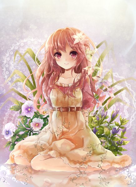 Anime picture 1000x1377 with original puracotte single long hair tall image looking at viewer blush smile red eyes brown hair hair flower girl dress hair ornament flower (flowers)