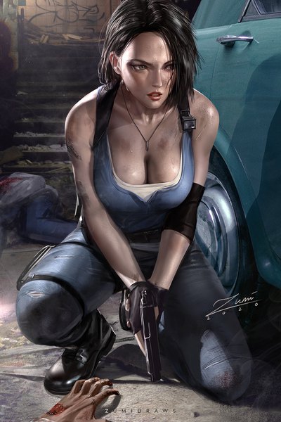 Anime picture 720x1080 with resident evil resident evil 3 jill valentine zumi (zumidraws) single tall image blush fringe short hair breasts light erotic black hair large breasts bare shoulders holding signed looking away cleavage full body bent knee (knees)