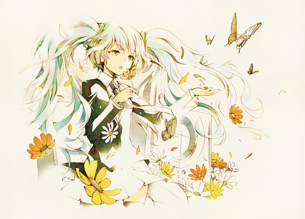 Anime picture 1200x862 with vocaloid saihate (vocaloid) hatsune miku ichizen (o tori) single long hair open mouth simple background white background twintails green eyes looking away wind aqua hair girl thighhighs flower (flowers) black thighhighs petals necktie