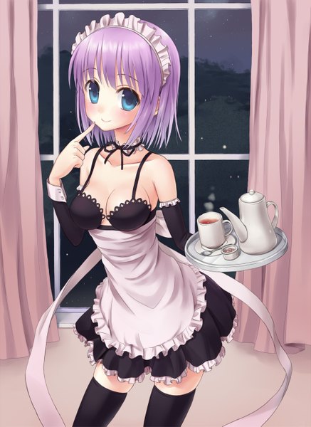 Anime picture 1000x1371 with original yuyu (tinami) single tall image blush short hair breasts blue eyes light erotic smile purple hair maid finger to mouth girl thighhighs black thighhighs headdress window maid headdress