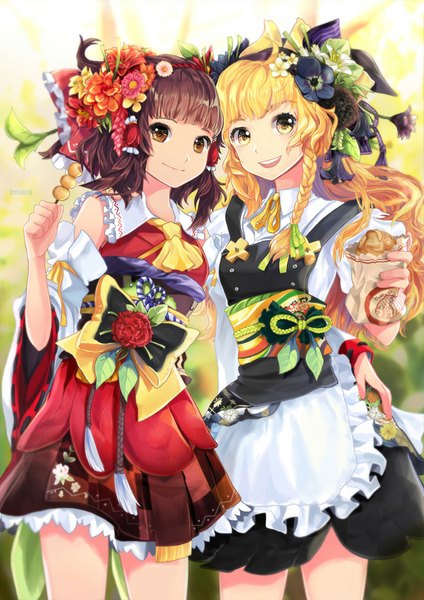 Anime picture 650x919 with touhou hakurei reimu kirisame marisa sera (kpj11) long hair tall image open mouth blonde hair smile brown hair multiple girls brown eyes yellow eyes braid (braids) traditional clothes sunlight maid girl dress uniform