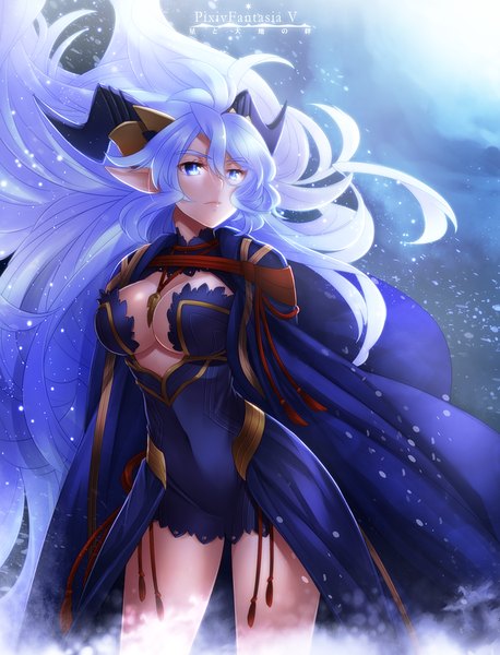Anime picture 763x1000 with original pixiv fantasia pixiv fantasia v hazuki gean long hair tall image breasts blue eyes light erotic silver hair horn (horns) pointy ears girl dress