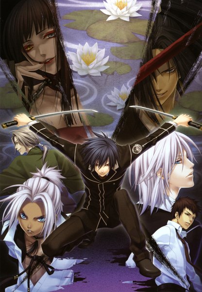 Anime picture 2080x3000 with hiiro no kakera long hair tall image highres short hair blue eyes black hair smile red eyes brown hair yellow eyes white hair tail scan heterochromia girl boy sword katana