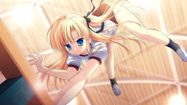 Anime picture 1280x720 with root double sannomiya louise yui long hair blue eyes blonde hair wide image game cg one side up girl uniform ribbon (ribbons) hair ribbon gym uniform