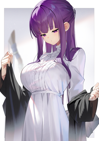Anime picture 1750x2500 with sousou no frieren fern (sousou no frieren) scottie (phantom2) single long hair tall image blush fringe highres breasts large breasts standing purple eyes purple hair blunt bangs long sleeves blurry off shoulder wide sleeves border