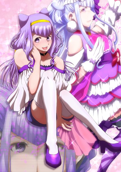 Anime picture 2480x3508 with precure hugtto! precure toei animation ruru amour cure amour chin-rou long hair tall image looking at viewer blush highres open mouth smile sitting purple eyes bare shoulders purple hair :d off shoulder sparkle