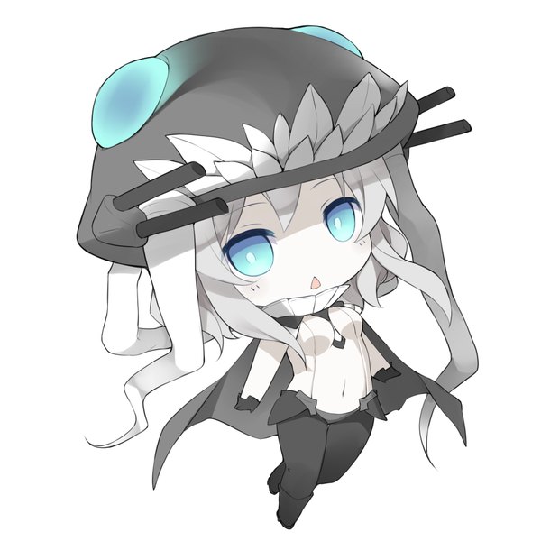 Anime picture 1771x1771 with kantai collection wo-class aircraft carrier saru (longbb) single long hair looking at viewer highres simple background white background silver hair teeth covered navel pale skin chibi shinkaisei-kan girl gloves black gloves cape bodysuit