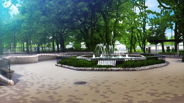 Anime picture 1280x720 with yumeiro alouette! wide image game cg no people landscape plant (plants) tree (trees) fence bench fountain