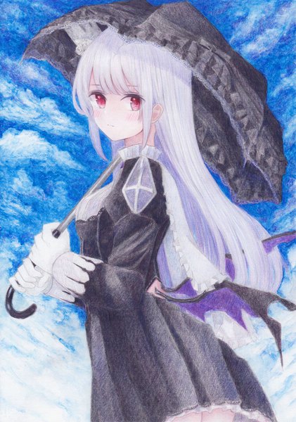 Anime picture 1124x1600 with original darkkanan single long hair tall image looking at viewer blush fringe red eyes standing holding sky silver hair cloud (clouds) outdoors blunt bangs long sleeves turning head frilled dress demon wings